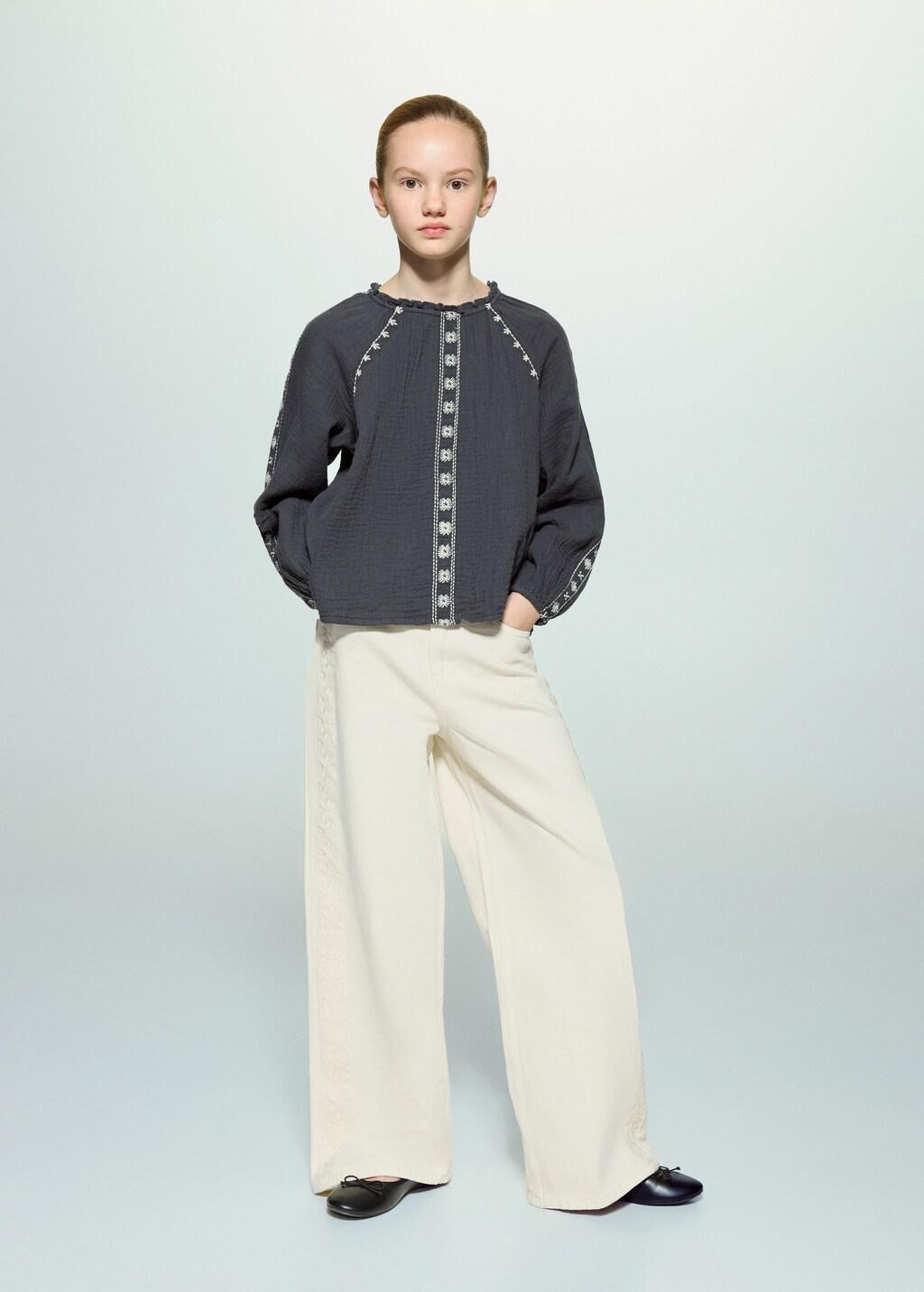 Grey Embroidered Cotton Blouse, Kids Girls, Charcoal, medium