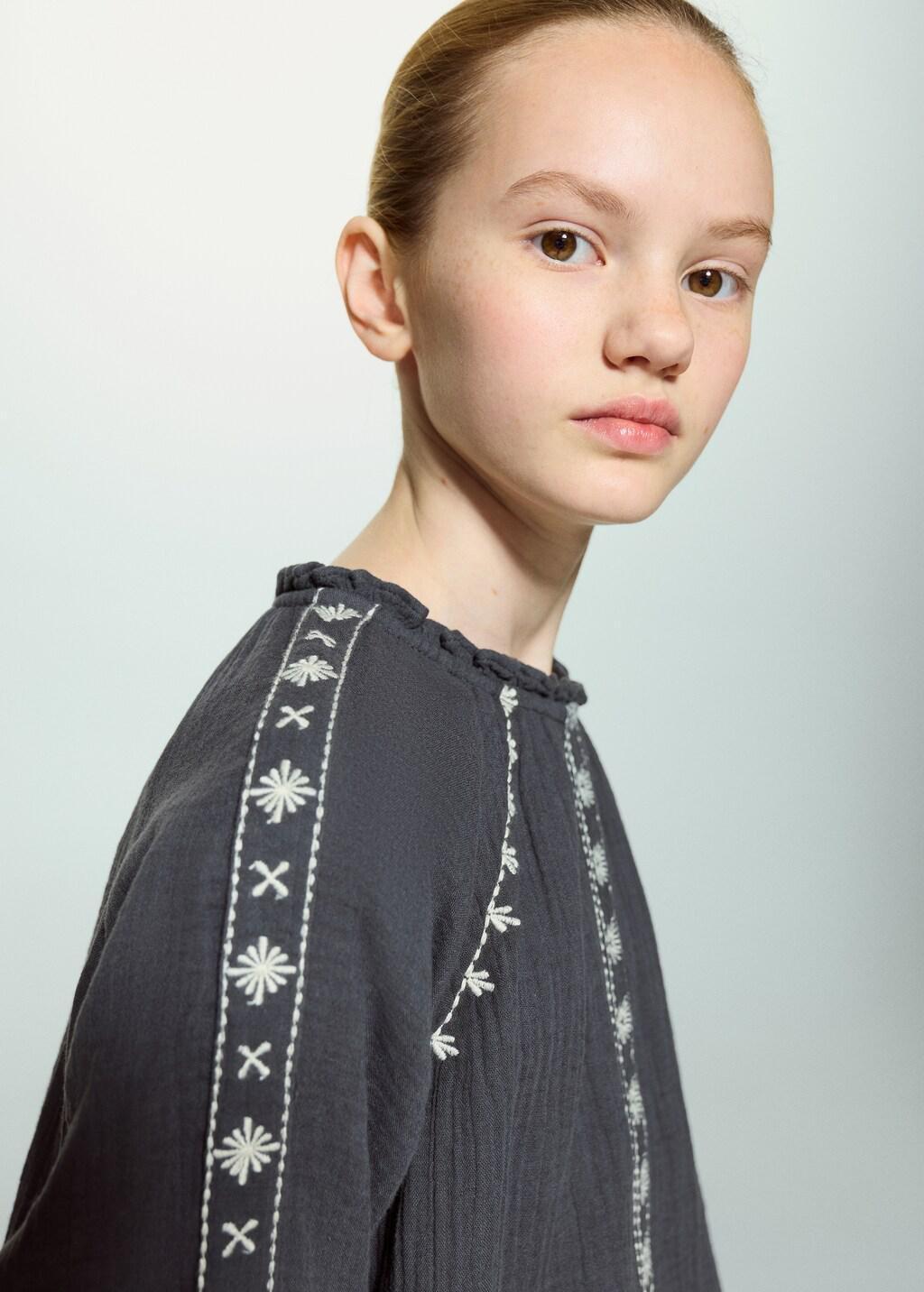 Grey Embroidered Cotton Blouse, Kids Girls, Charcoal, large image number 3