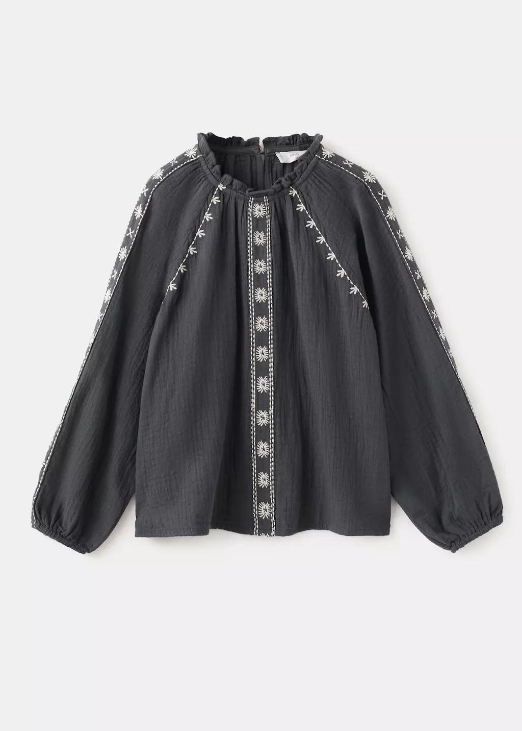 Grey Embroidered Cotton Blouse, Kids Girls, Charcoal, large image number 6