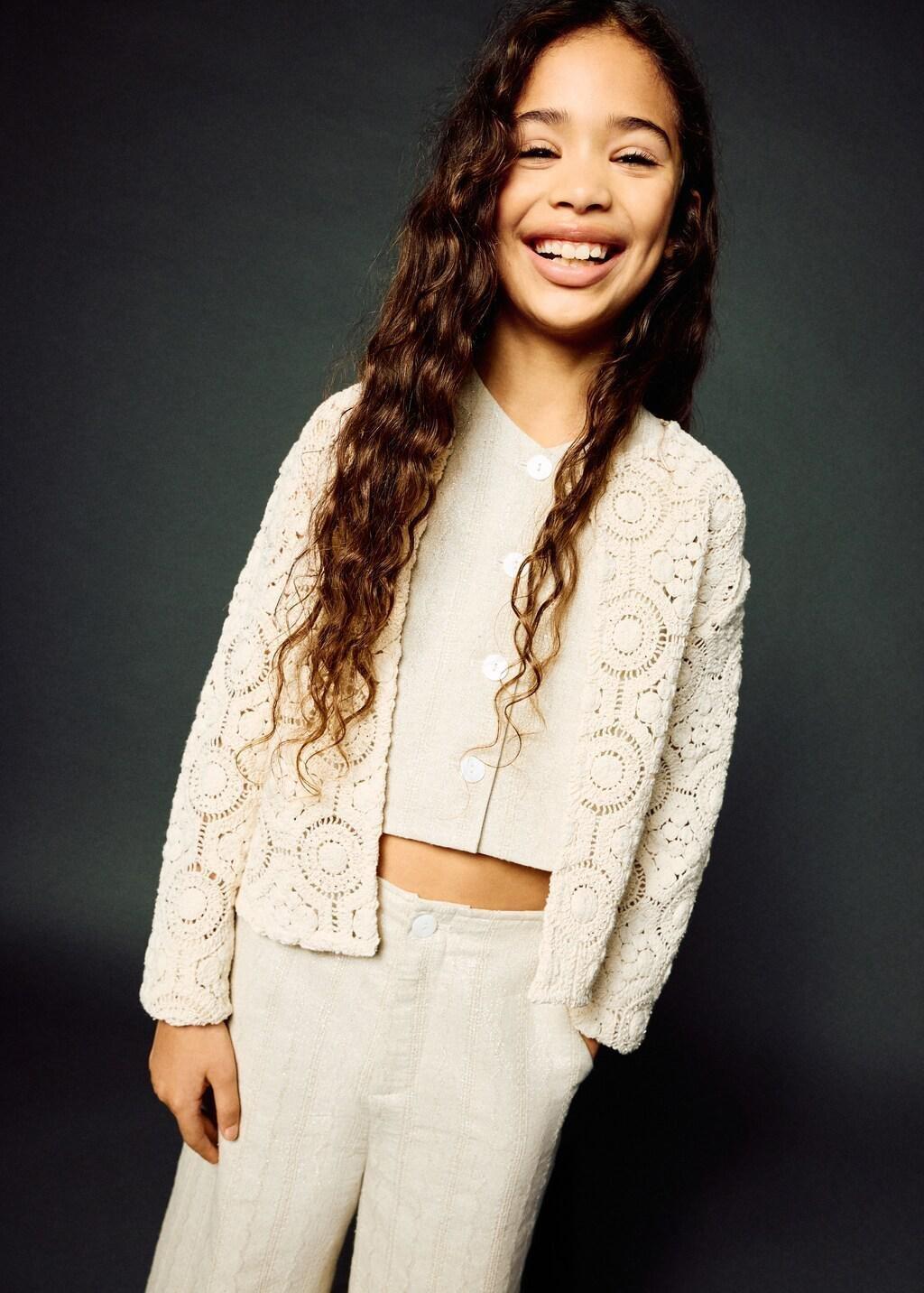 Brown Openwork Knit Cardigan, Kids Girls, Light Pastel Brown, medium