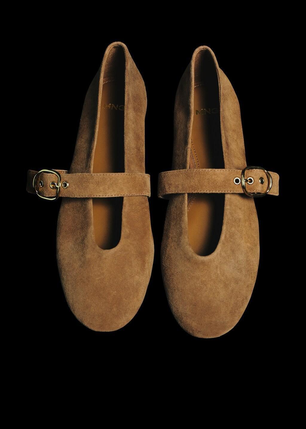 Brown Lt Pastel Leather Ballerina With Strap And Buckle, Light Pastel Brown, medium