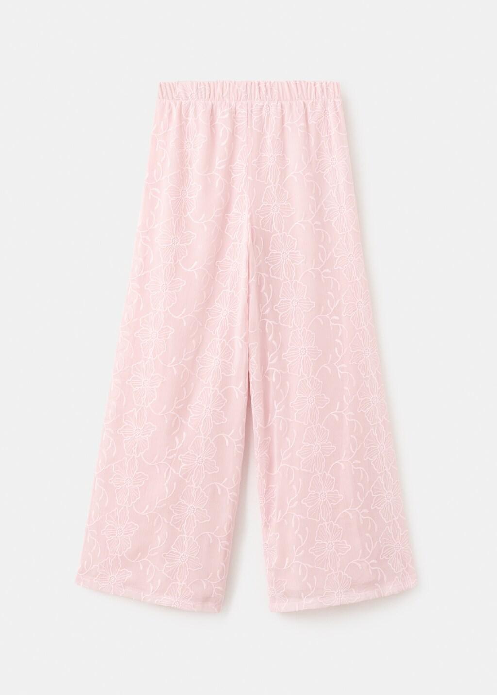 Pink Embroidered Fluid Trousers, Kids Girl, Pink, large image number 1