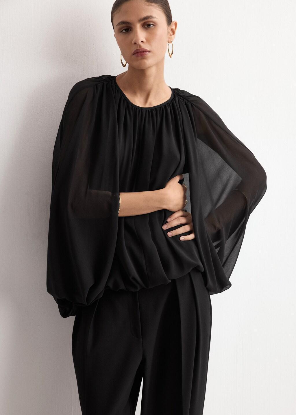 Black Puff Sleeves Blouse, 0201_99, large image number 3