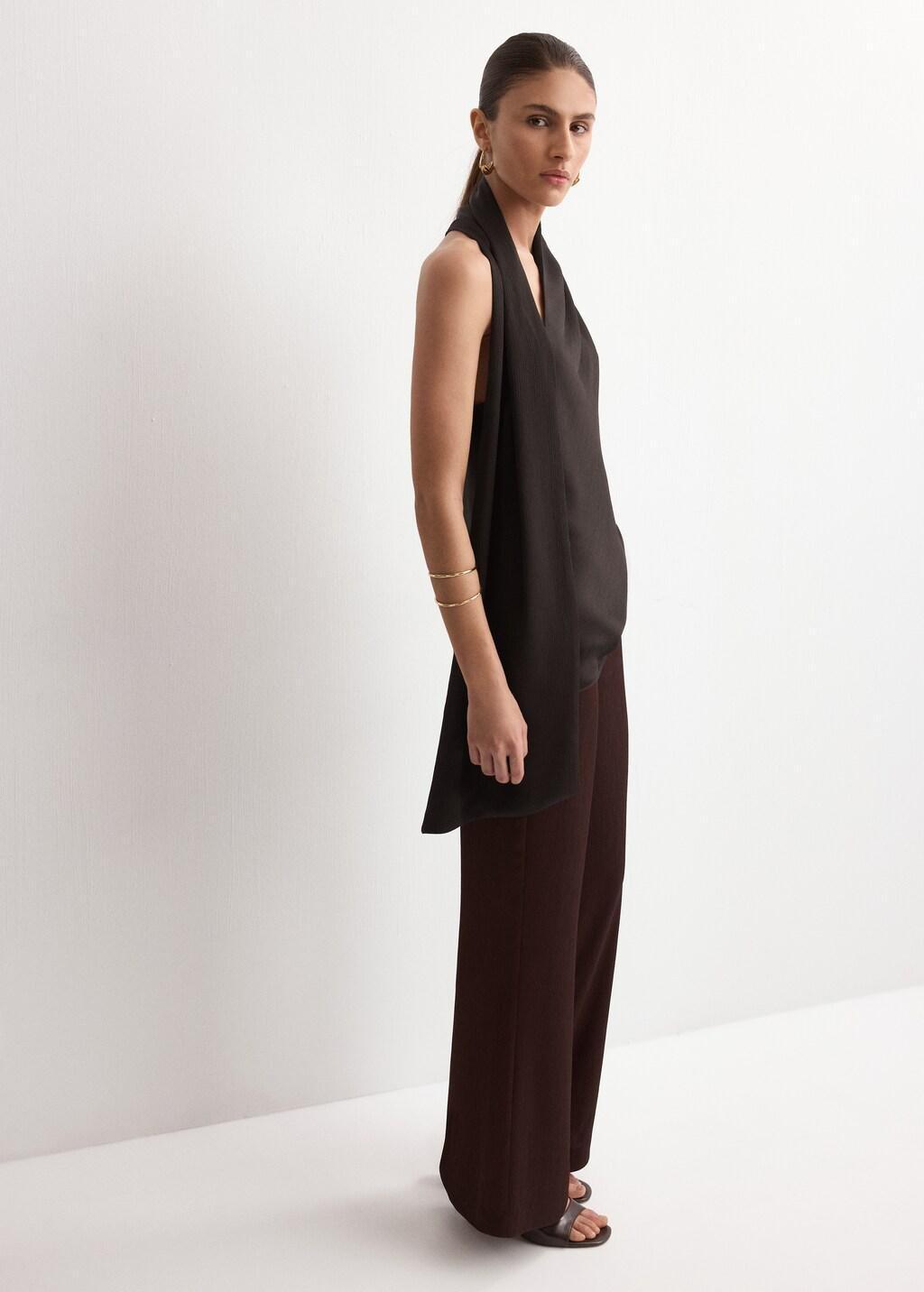 Brown Scarf Neck Top, Dark Brown, large image number 0