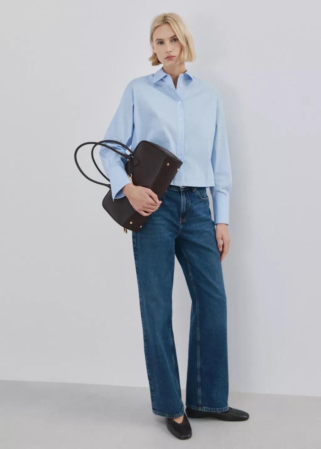 Blue Rhinestone Striped Cropped Shirt, 0201_50, medium