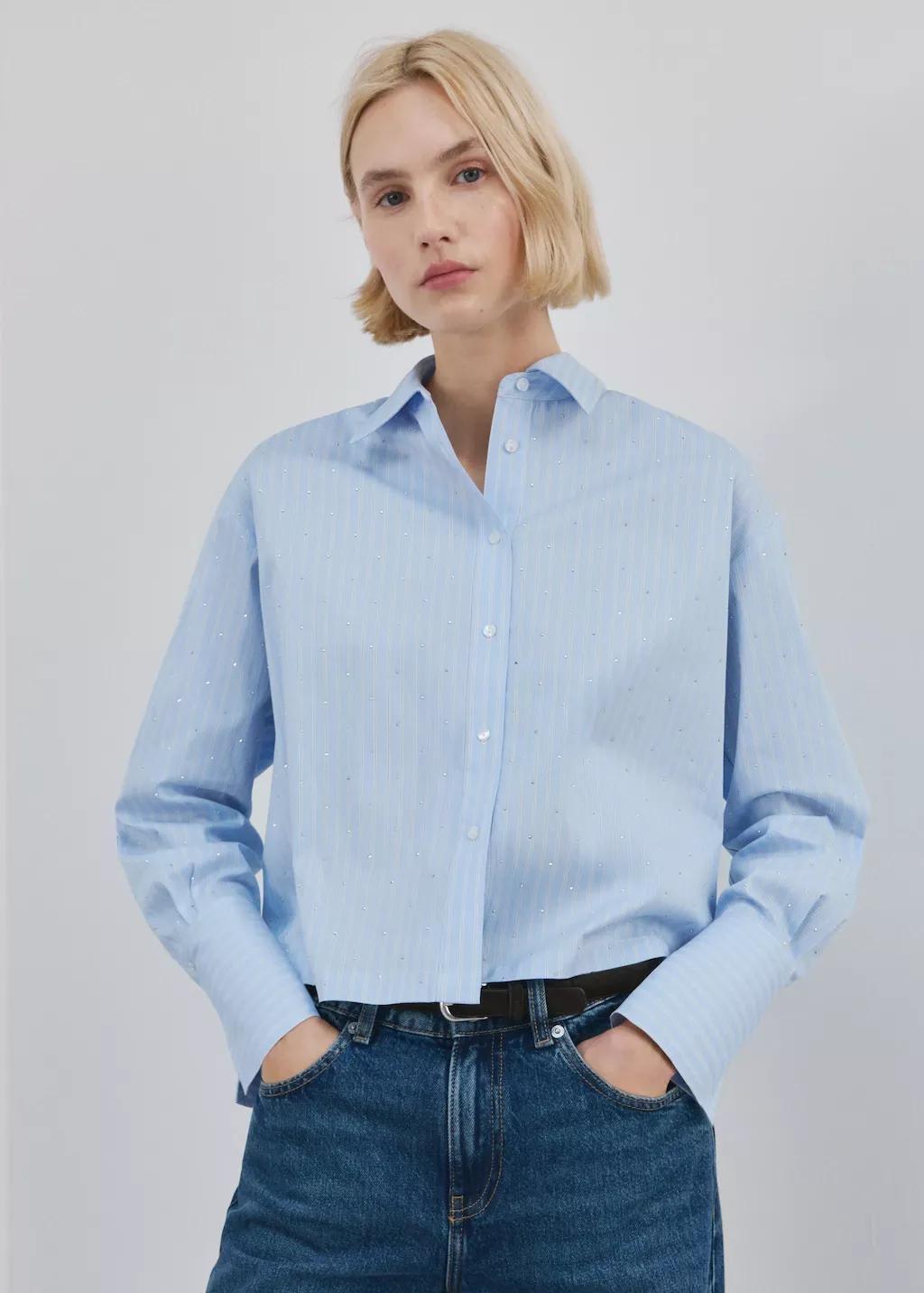 Blue Rhinestone Striped Cropped Shirt, 0201_50, large image number 3
