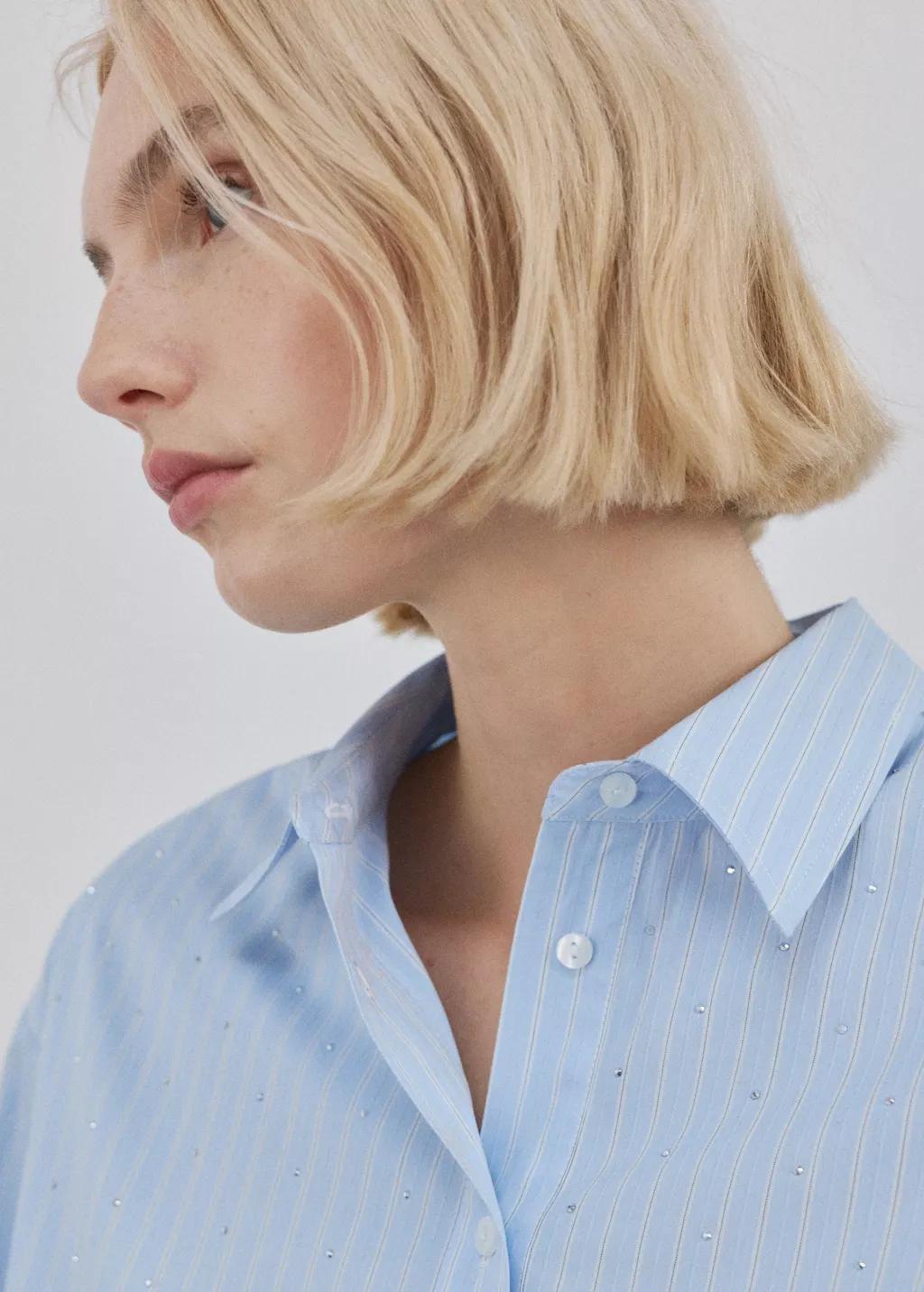 Blue Rhinestone Striped Cropped Shirt, 0201_50, large image number 4