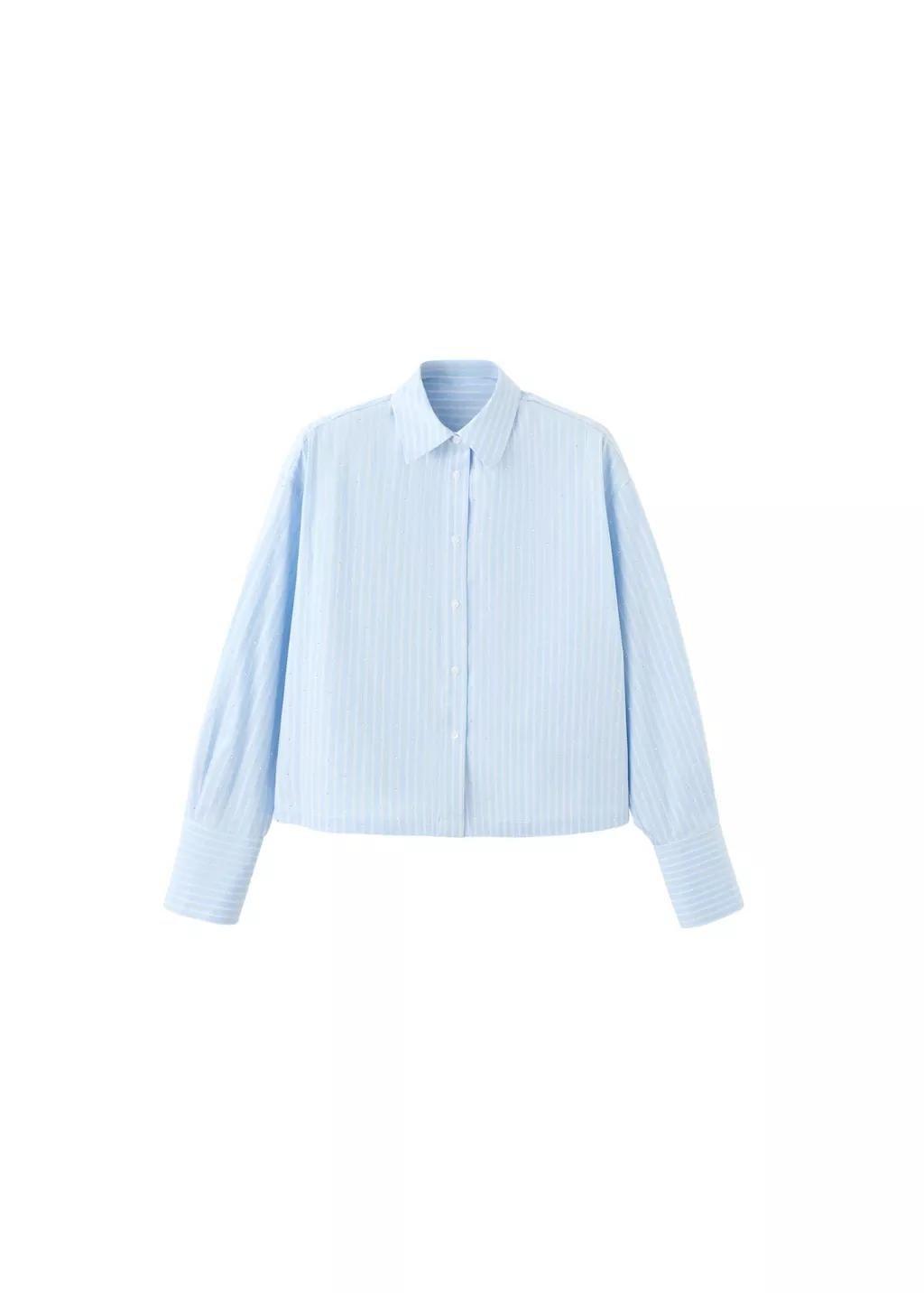 Blue Rhinestone Striped Cropped Shirt, 0201_50, large image number 6