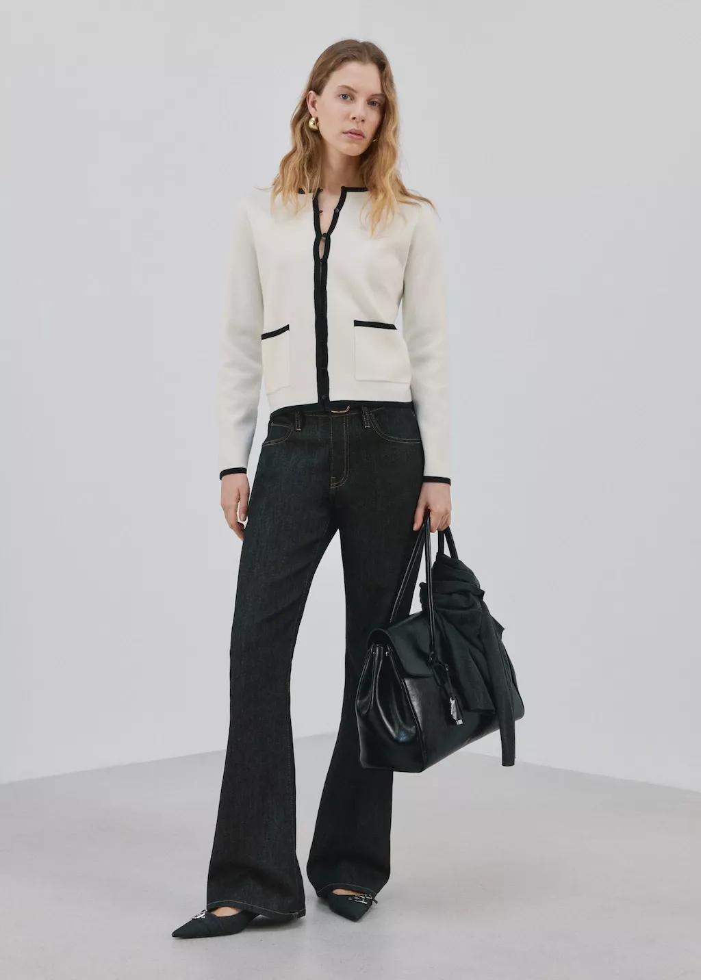 Beige Contrasting Ribbed Cardigan, 0201_05, large image number 0