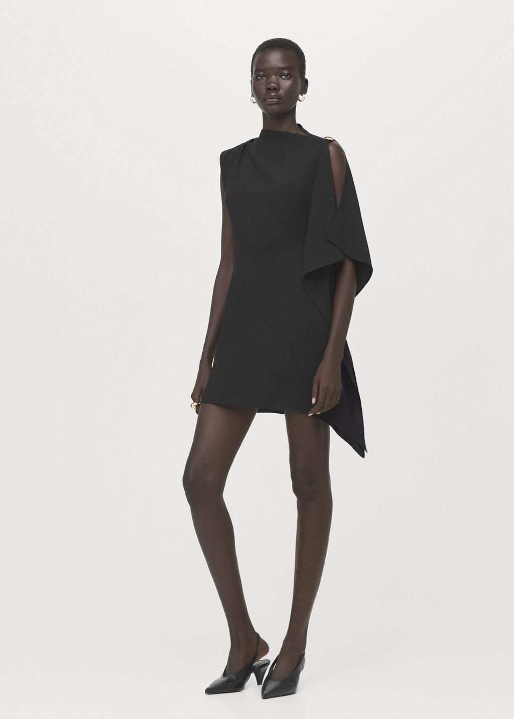 Black Short Asymmetrical Sleeve Dress, Black, large image number 0