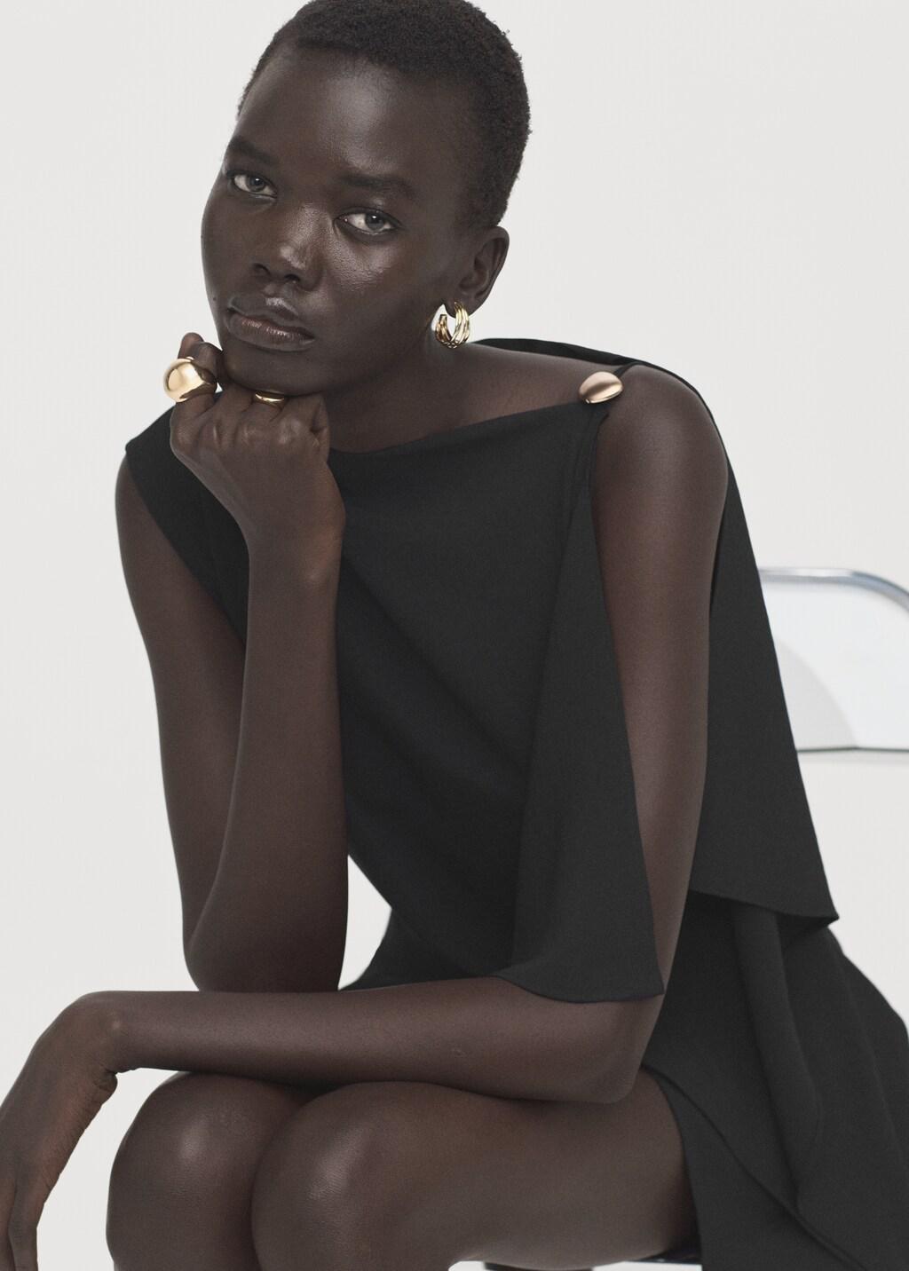 Black Short Asymmetrical Sleeve Dress, Black, large image number 3