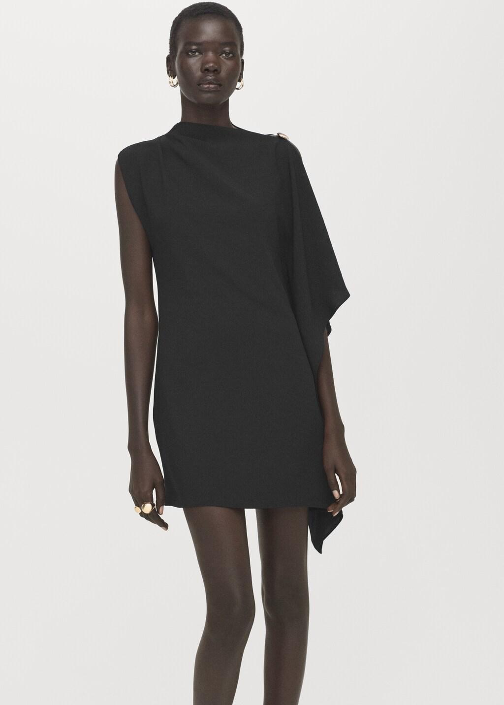 Black Short Asymmetrical Sleeve Dress, Black, large image number 4