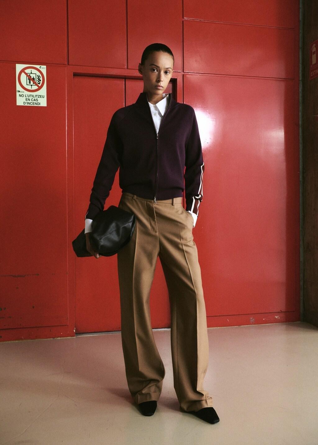 Red Contrast Stripe Zip Cardigan, Dark Red, large image number 0