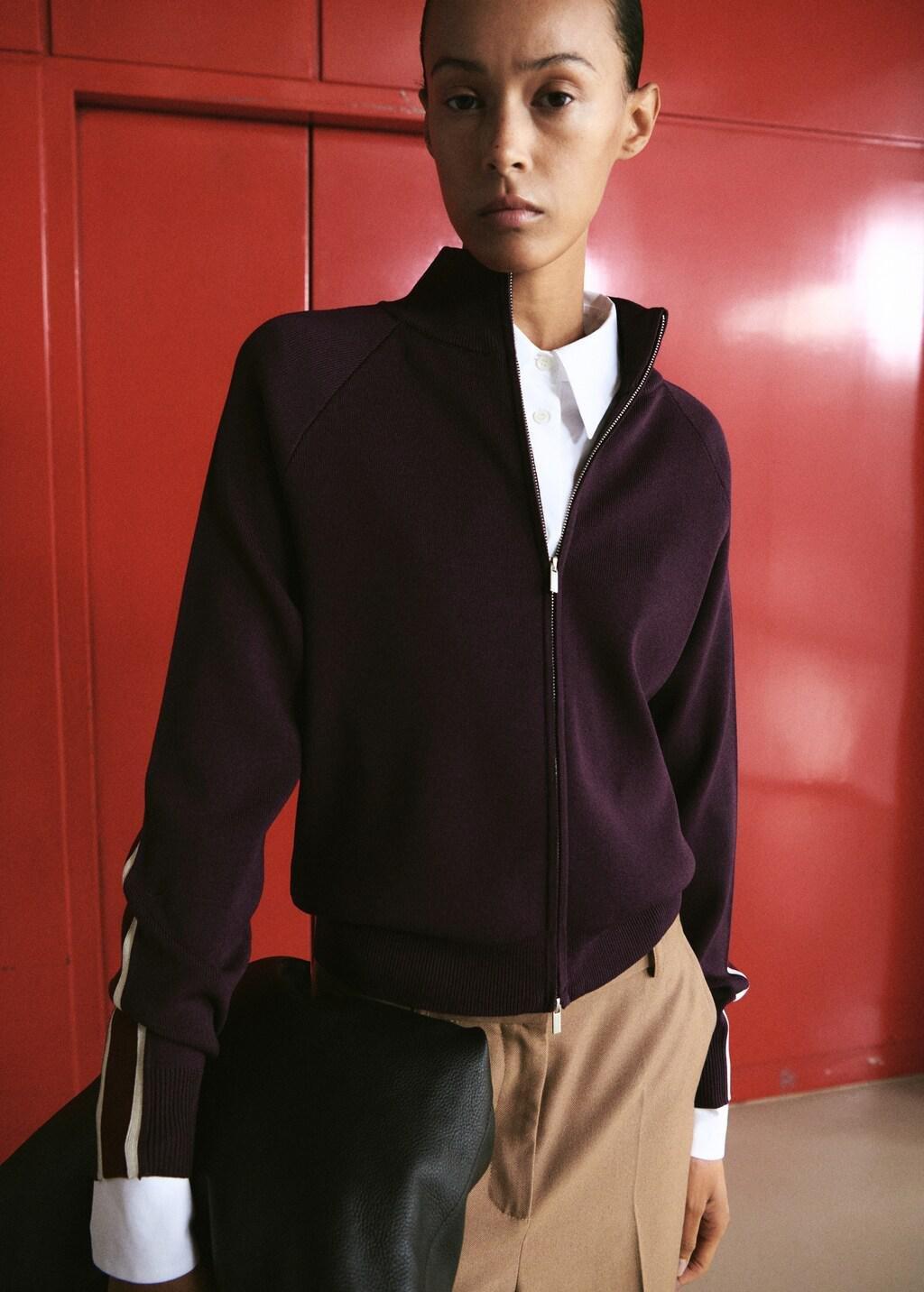 Red Contrast Stripe Zip Cardigan, Dark Red, large image number 3