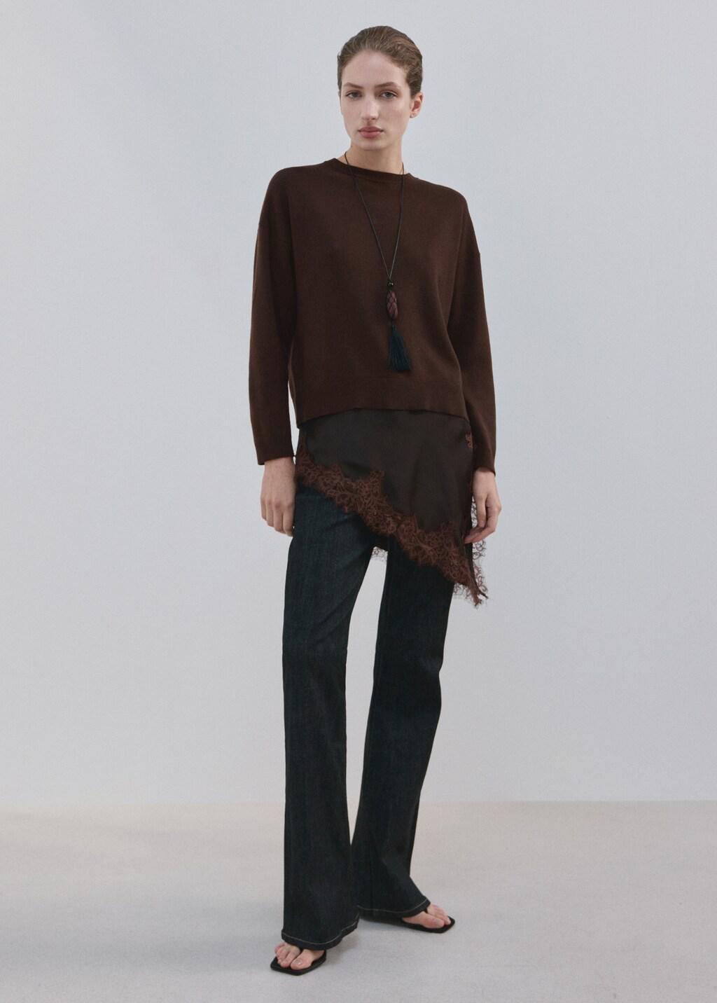 Brown Long Sweater With Lace Combination, Dark Brown, large image number 0