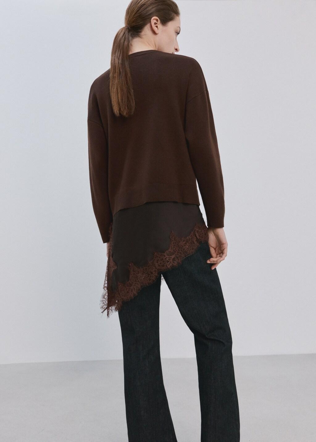 Brown Long Sweater With Lace Combination, Dark Brown, large image number 2