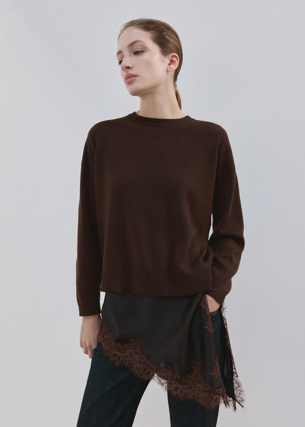 Brown Long Sweater With Lace Combination, Dark Brown, large image number 3