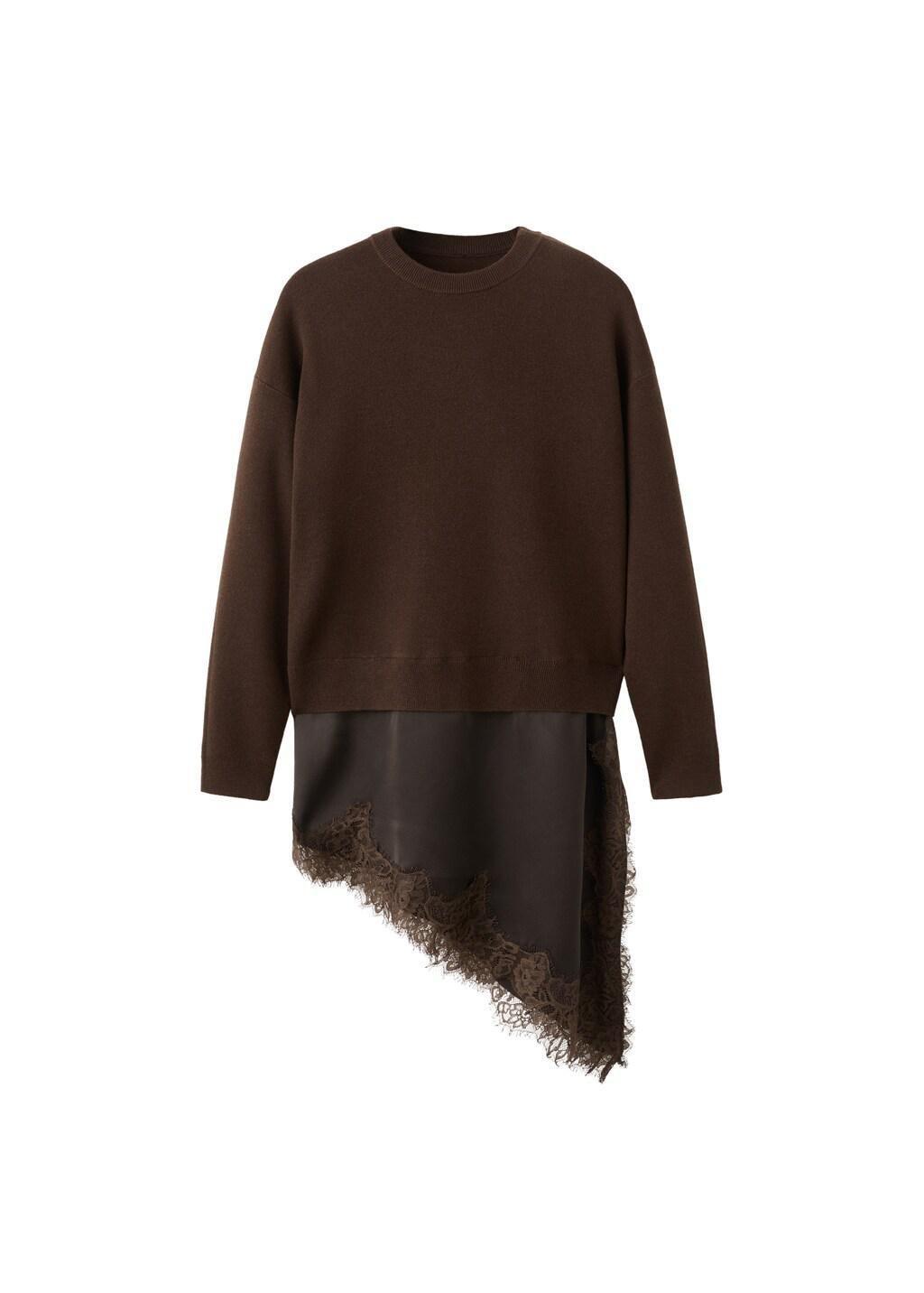 Brown Long Sweater With Lace Combination, Dark Brown, large image number 6