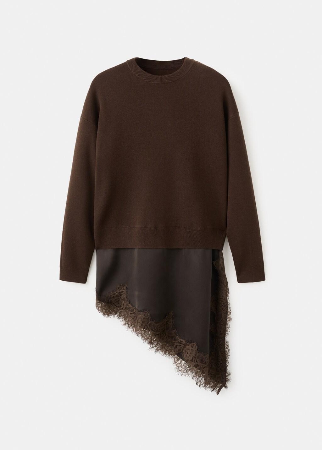Brown Long Sweater With Lace Combination, Dark Brown, large image number 7