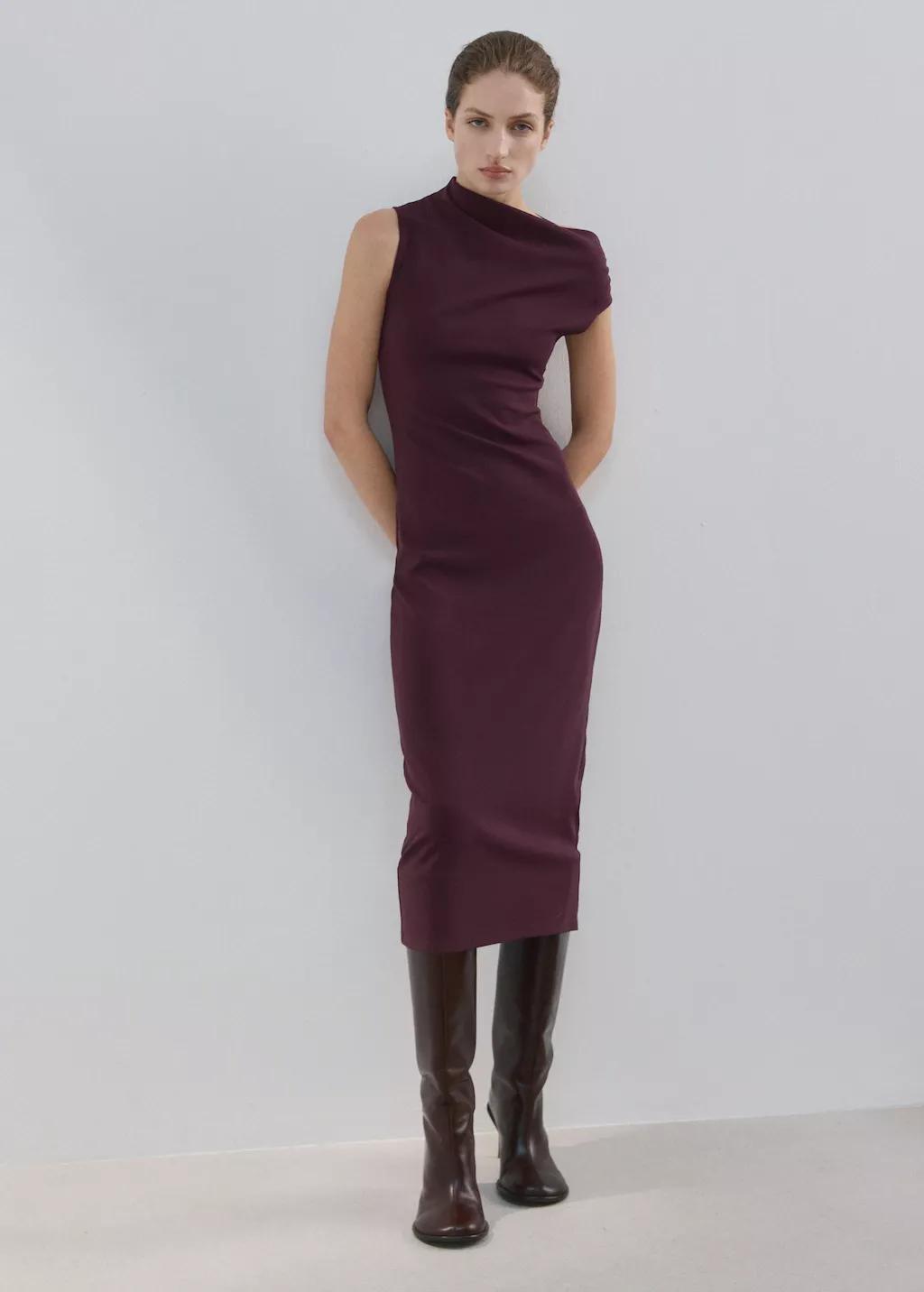 Red Asymmetrical-Neck Midi-Dress, Dark Red, medium