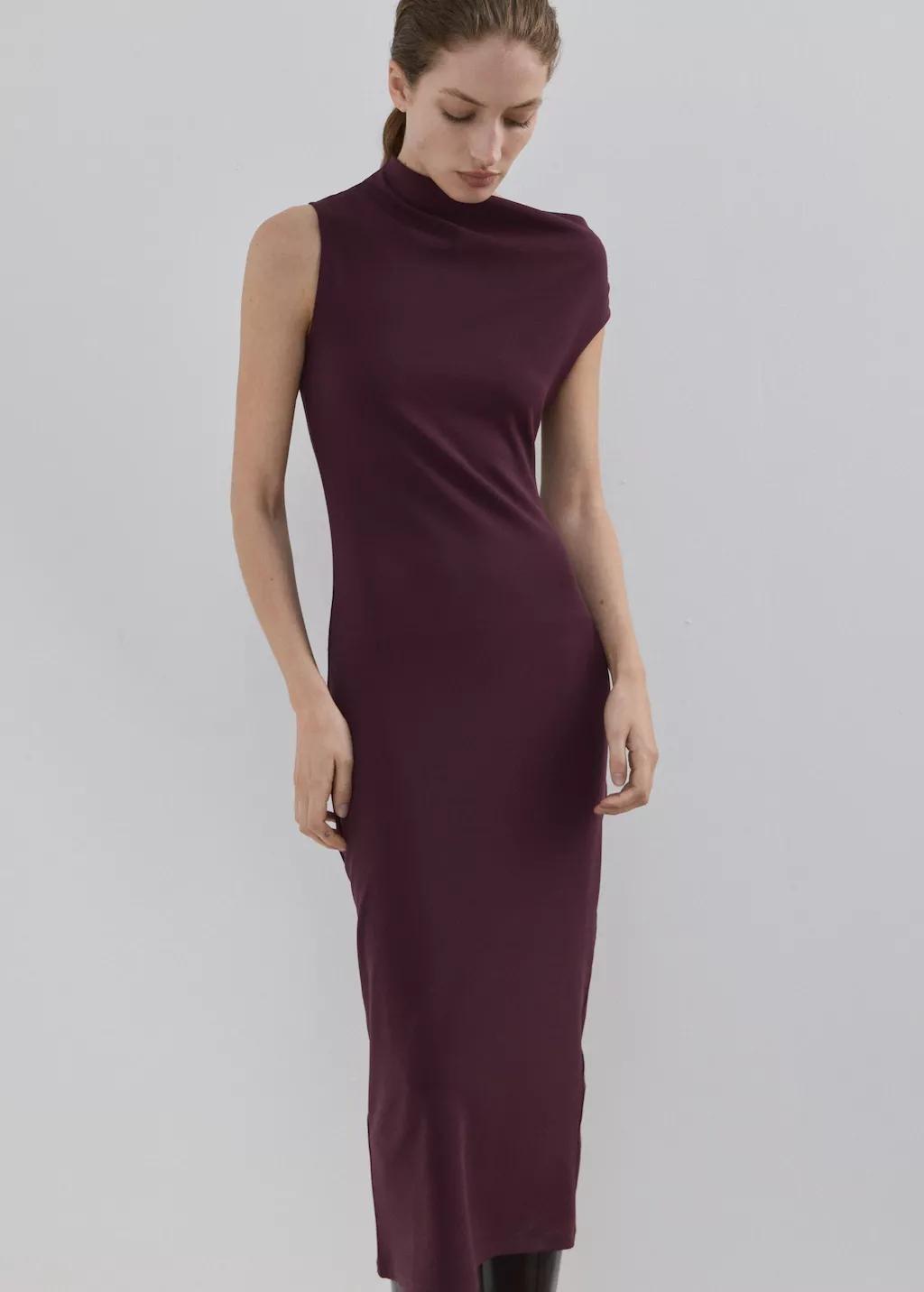 Red Asymmetrical-Neck Midi-Dress, Dark Red, large image number 3