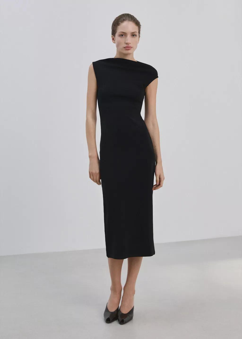 Black Asymmetrical-Neck Midi-Dress, Black, large image number 0