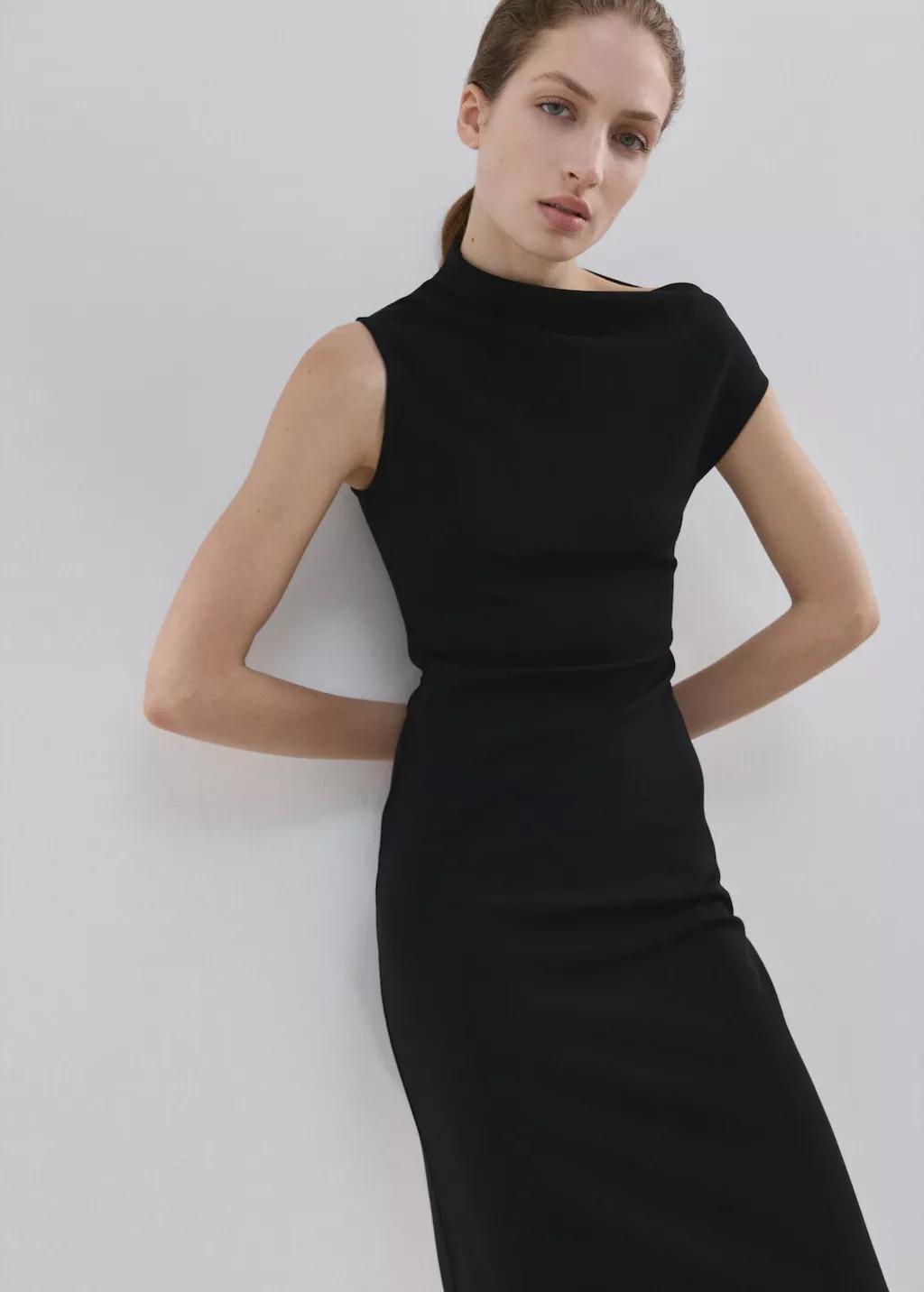 Black Asymmetrical-Neck Midi-Dress, Black, large image number 4