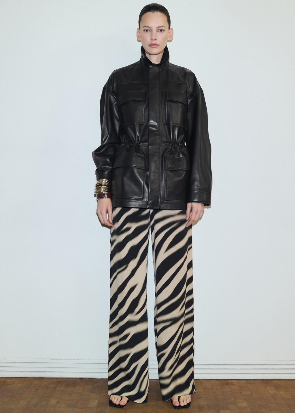 Black Zebra-Print Straight-Fit Trousers, Black, medium