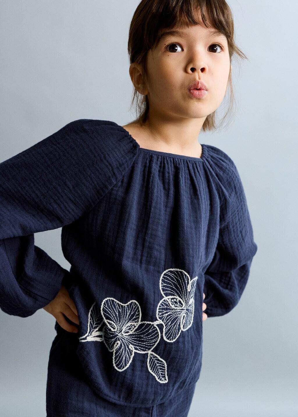 Navy Floral Embroidery Blouse, Baby Girl, Navy, large image number 3