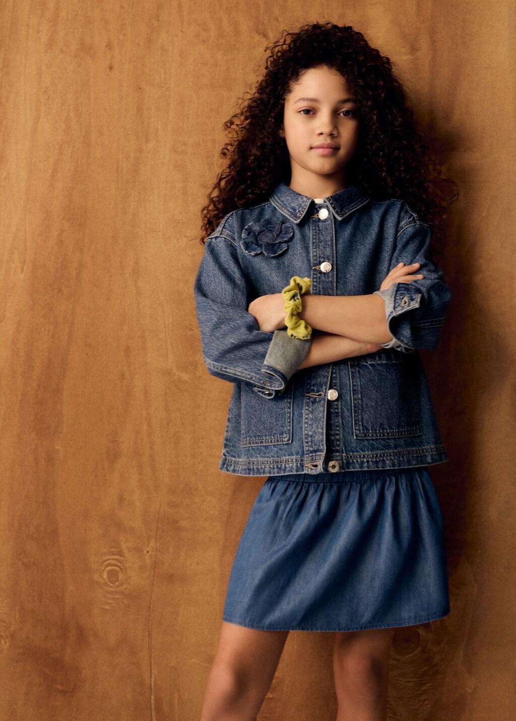 Blue Denim Jacket With Flower Detail, Kids Girls, Open Blue, large image number 0