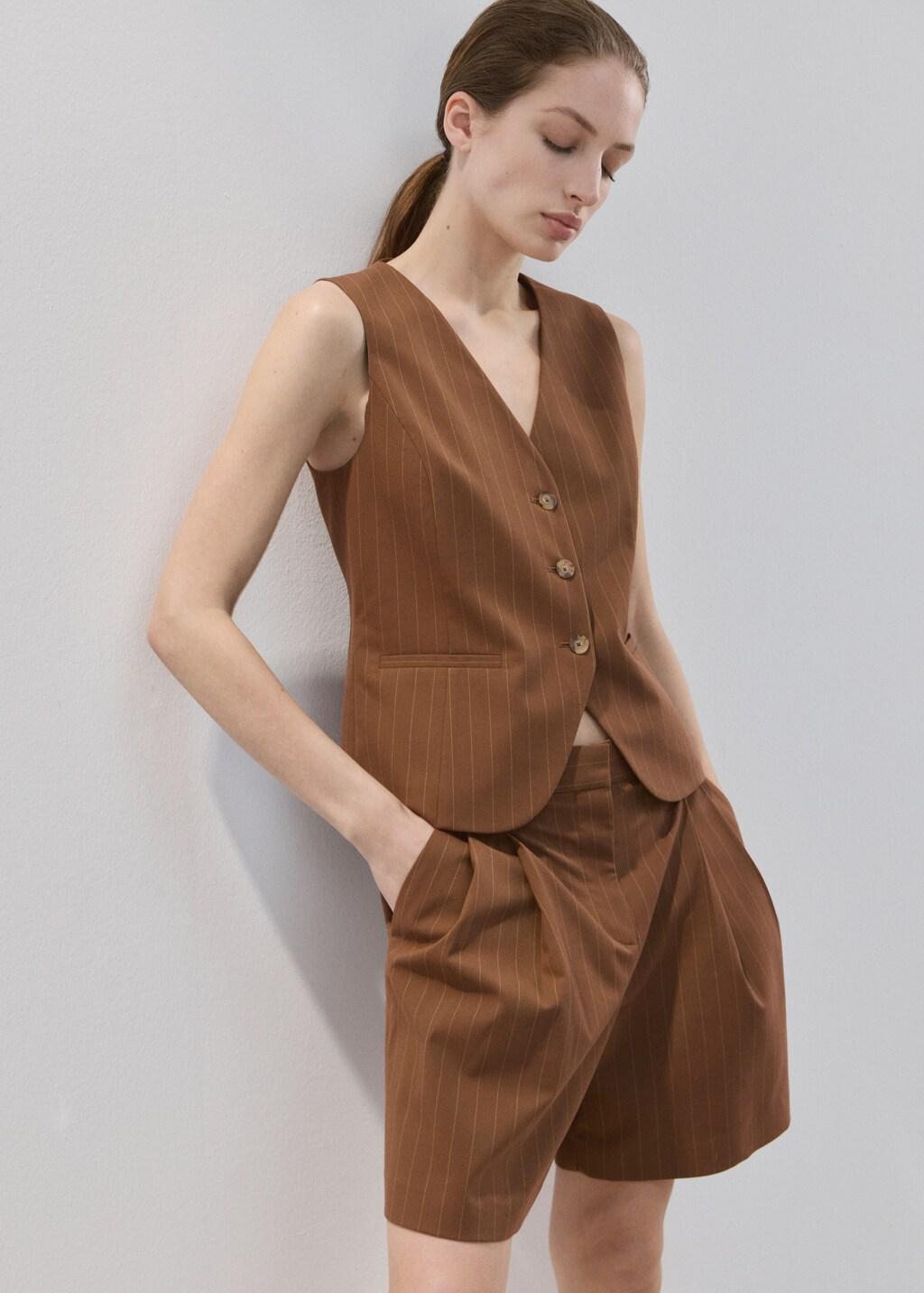 Brown Straight Bermuda Shorts With Pinstripes, Dark Brown, large image number 5