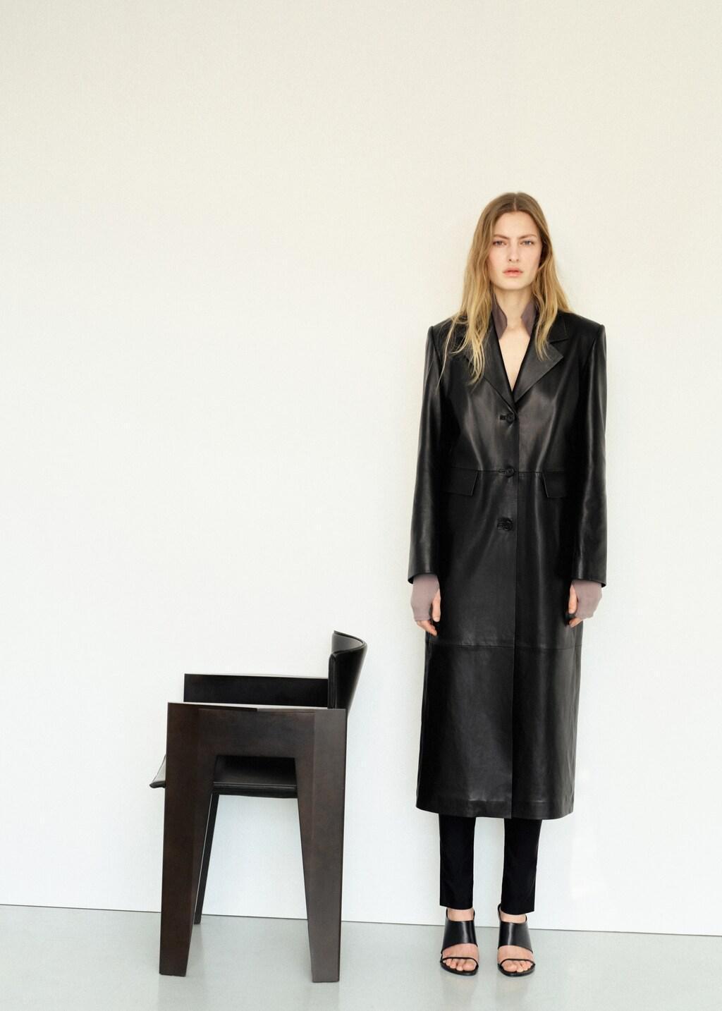 Black Leather Straight-Cut Coat With Pockets, Black, medium