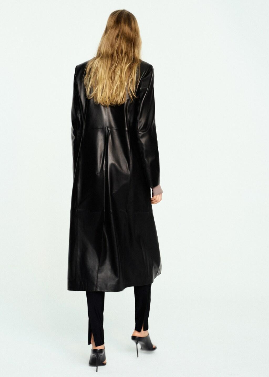 Black Leather Straight-Cut Coat With Pockets, Black, large image number 2