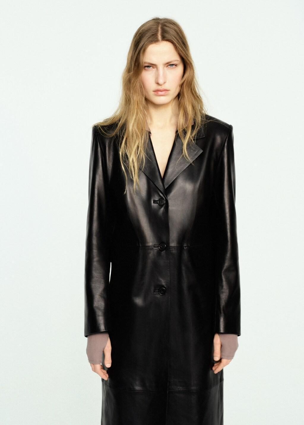 Black Leather Straight-Cut Coat With Pockets, Black, large image number 3