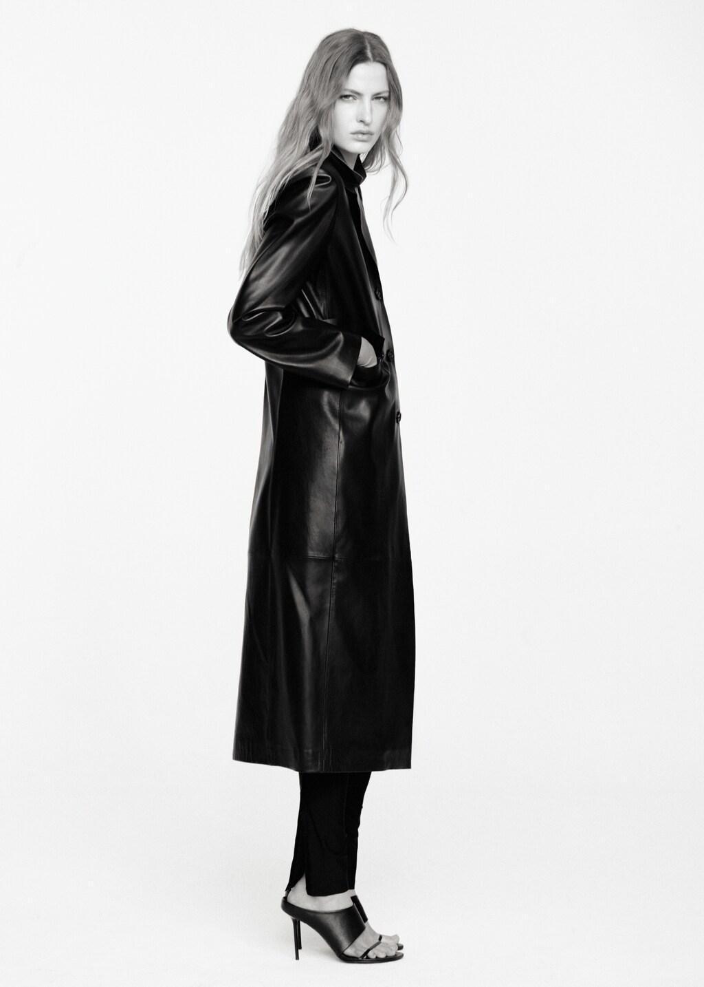 Black Leather Straight-Cut Coat With Pockets, Black, large image number 4