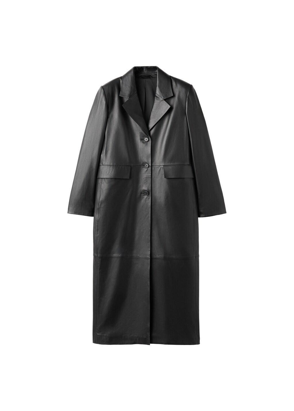 Black Leather Straight-Cut Coat With Pockets, Black, large image number 6