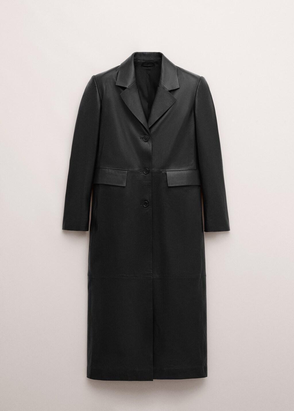 Black Leather Straight-Cut Coat With Pockets, Black, large image number 7
