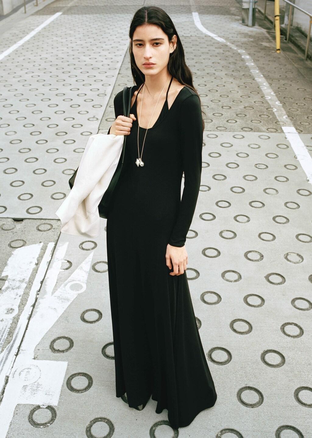 Black Dress With Combined Fine-Knit Collar, Black, large image number 0