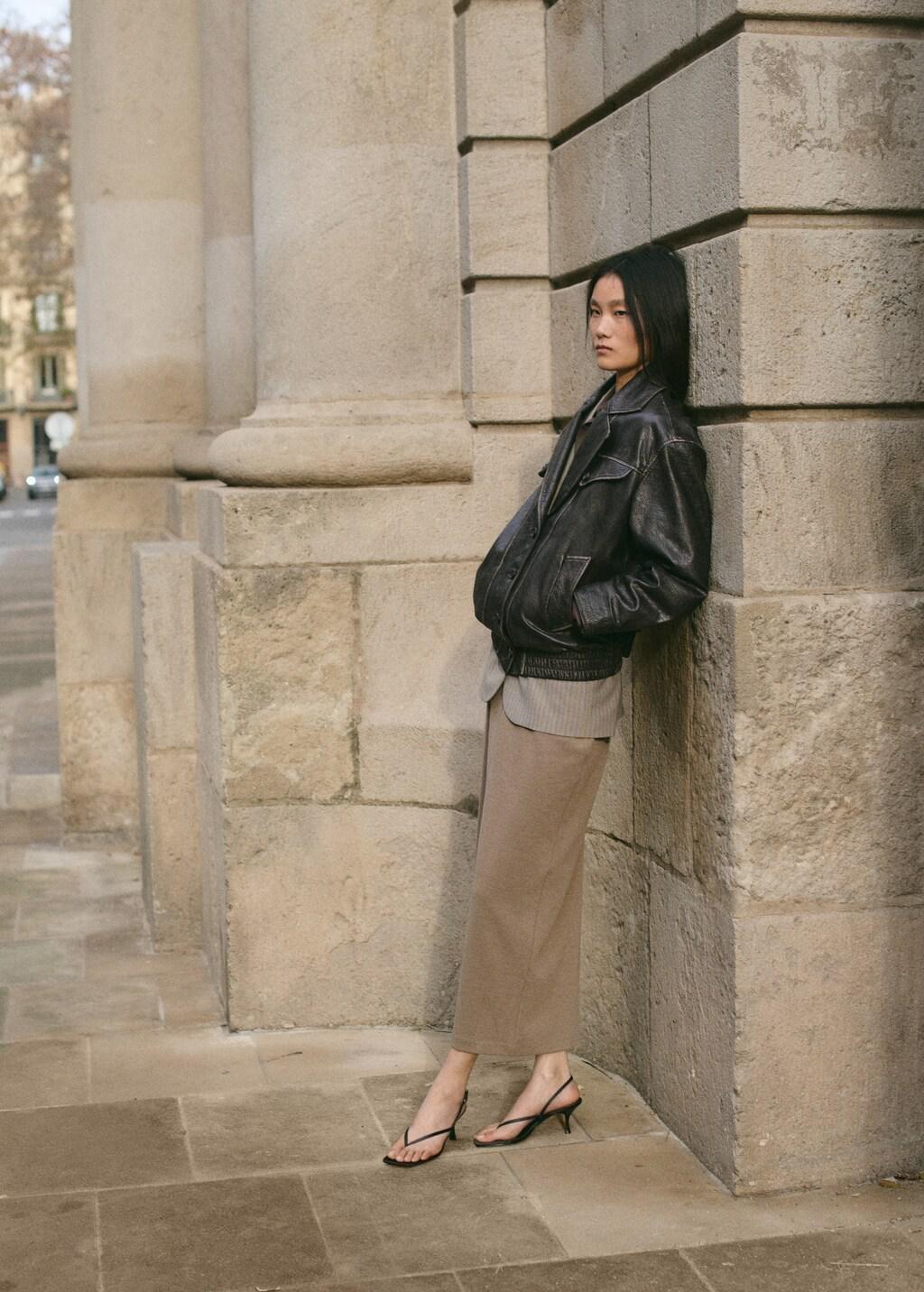 Brown 100% Leather Oversized Jacket With Buttons, Brown, large image number 4