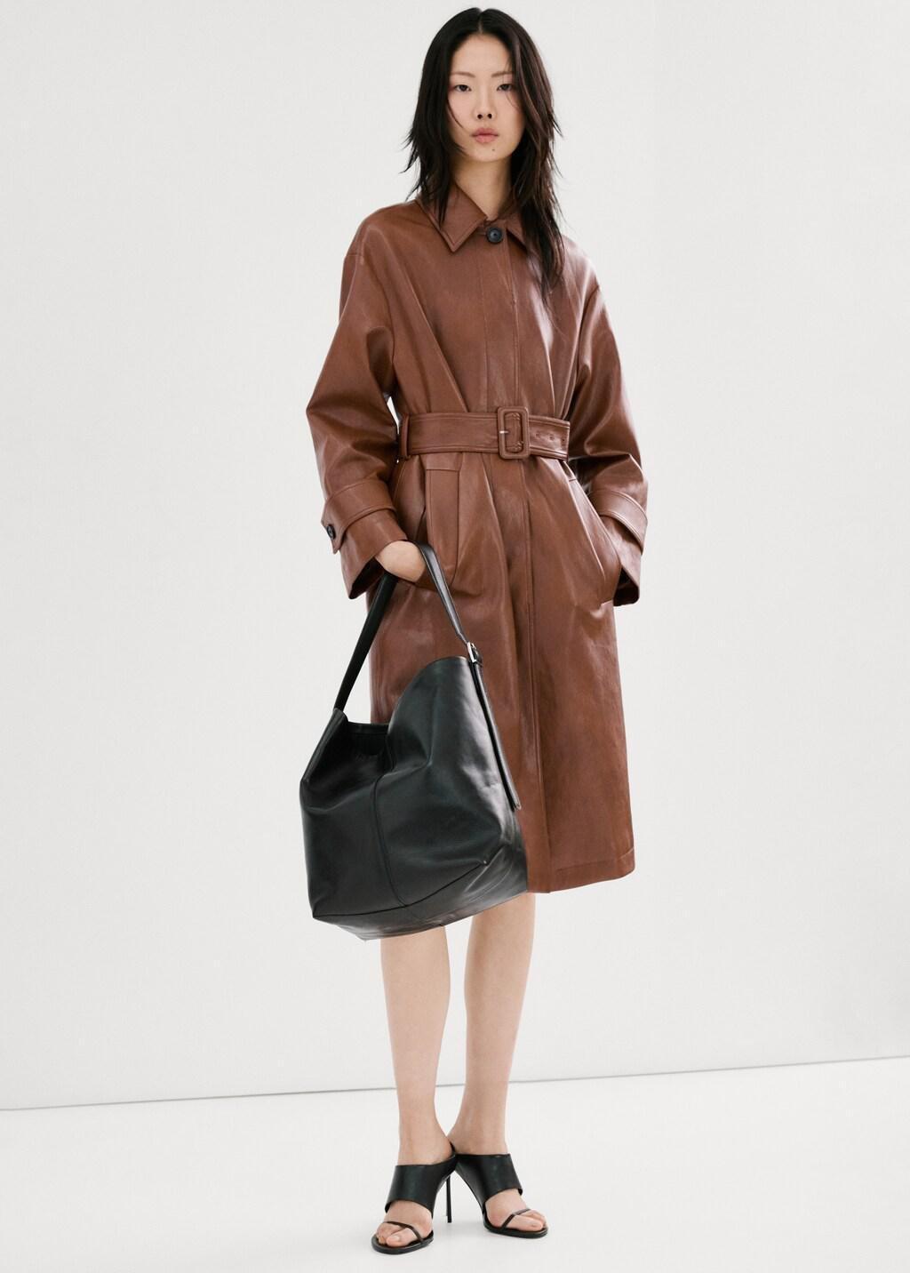 Brown Long Faux-Leather Trench Coat With Belt, Brown, medium