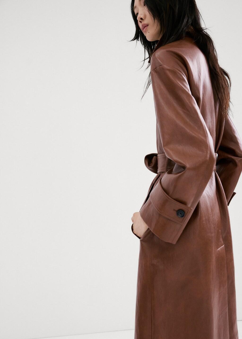 Brown Long Faux-Leather Trench Coat With Belt, Brown, medium