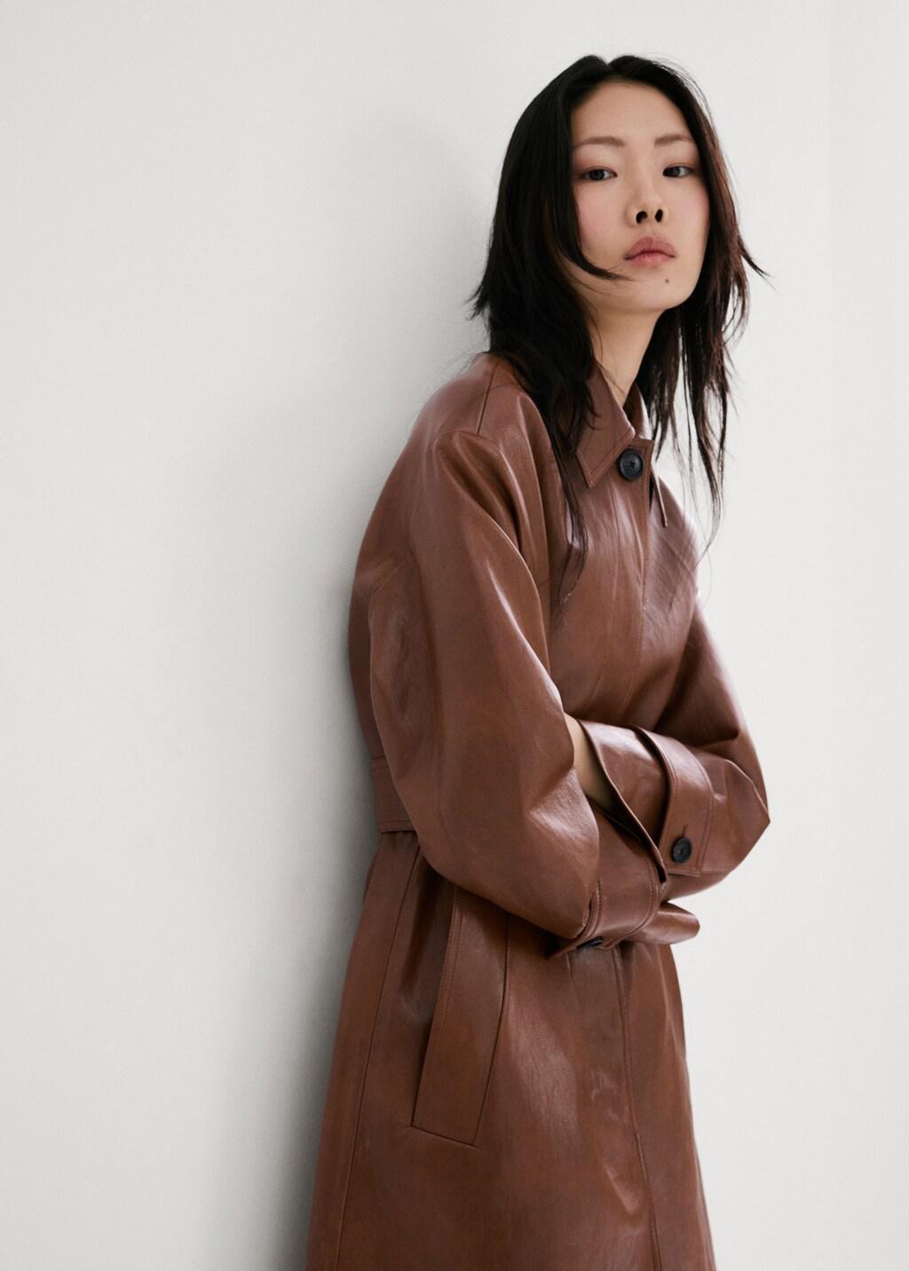 Brown Long Faux-Leather Trench Coat With Belt, Brown, large image number 3
