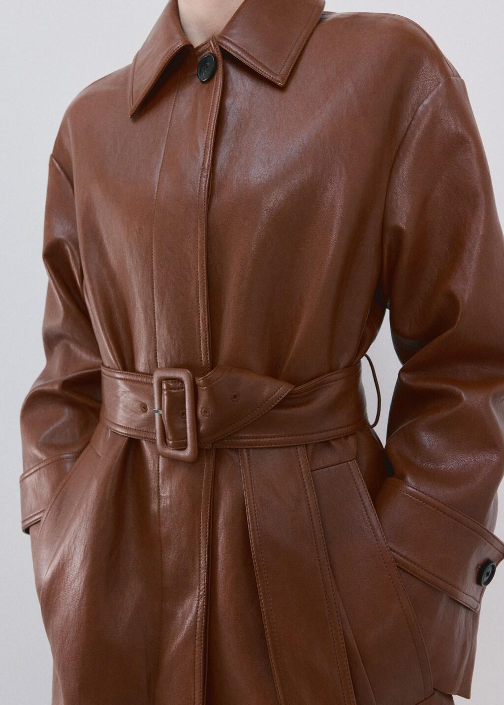 Brown Long Faux-Leather Trench Coat With Belt, Brown, large image number 6