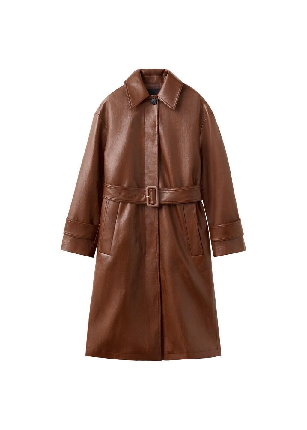 Brown Long Faux-Leather Trench Coat With Belt, Brown, large image number 7