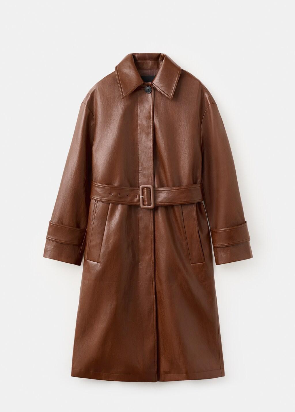 Brown Long Faux-Leather Trench Coat With Belt, Brown, large image number 8