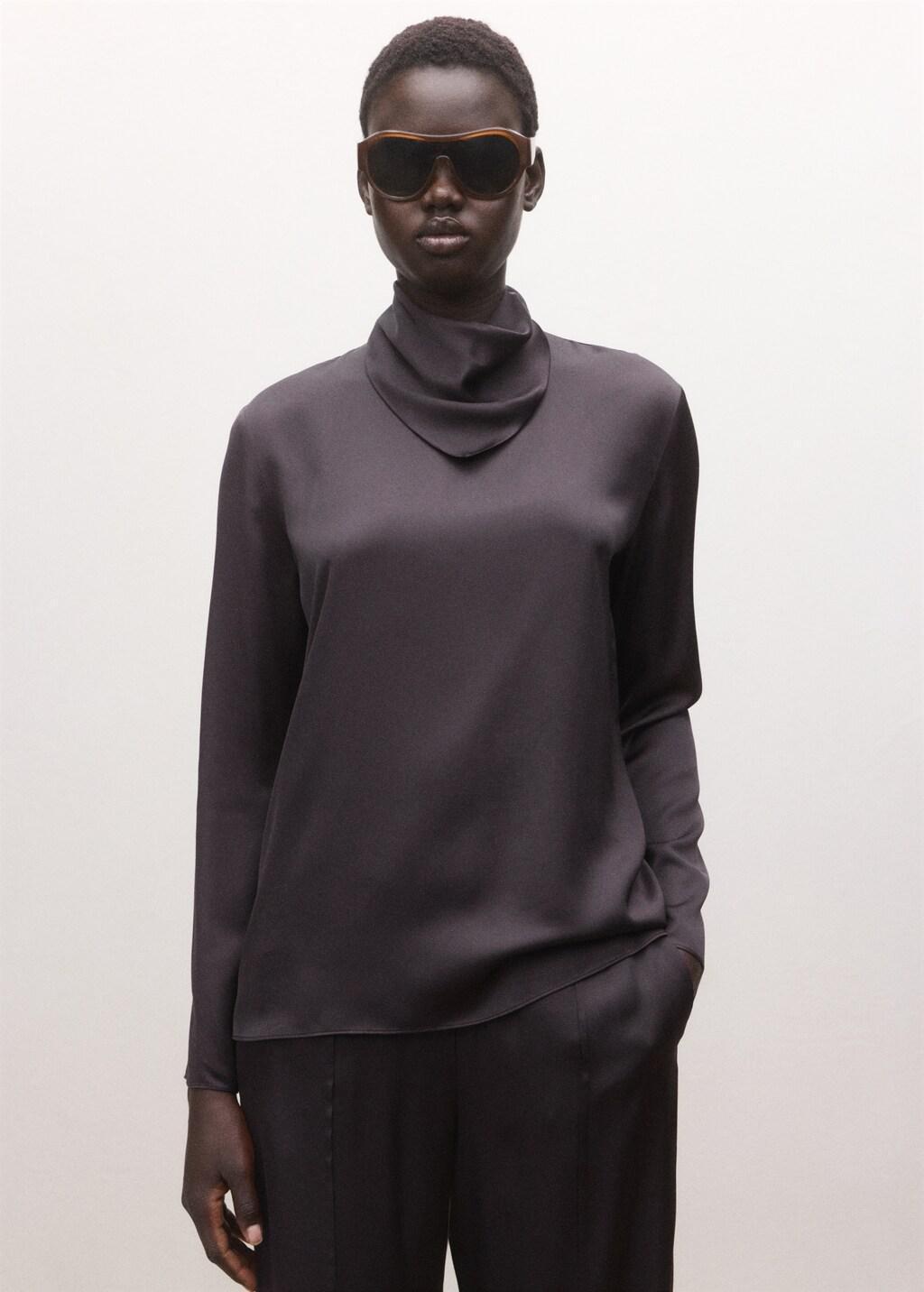 Brown Satin Blouse With A Turtleneck, Brown, large image number 3