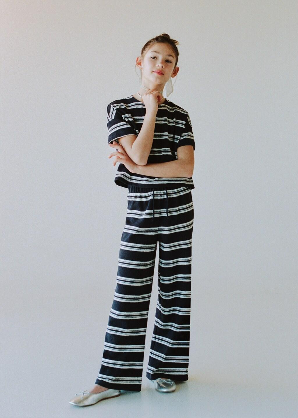 Navy Striped Knit Trousers, Kids Girl, Navy, large image number 3