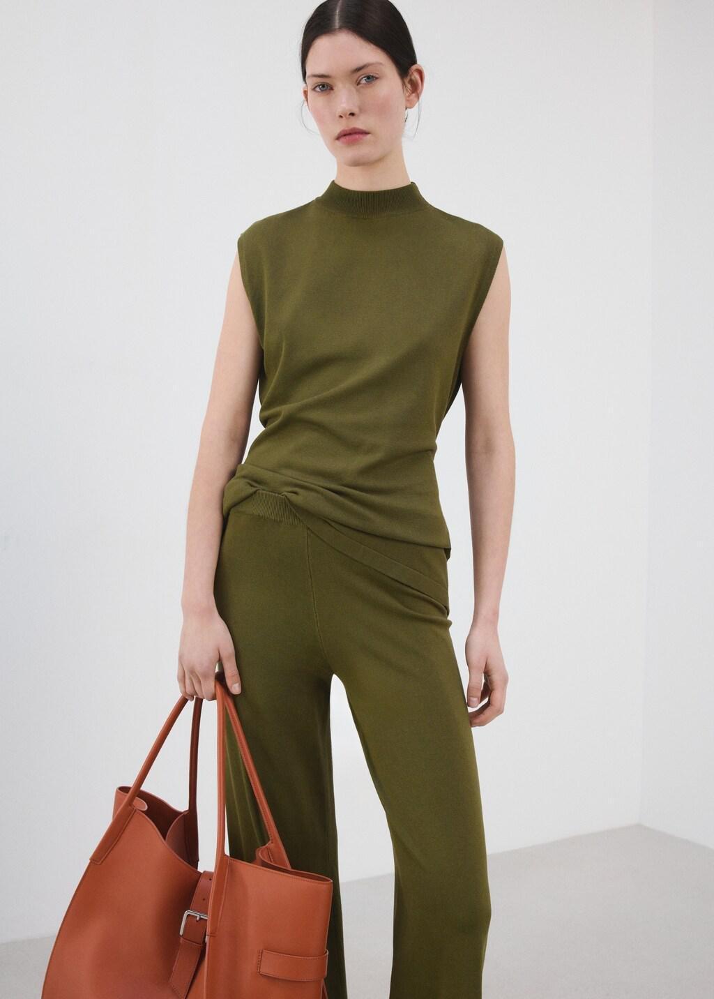 Khaki Fine-Knit Straight-Fit Trousers, Beige - Khaki, large image number 4