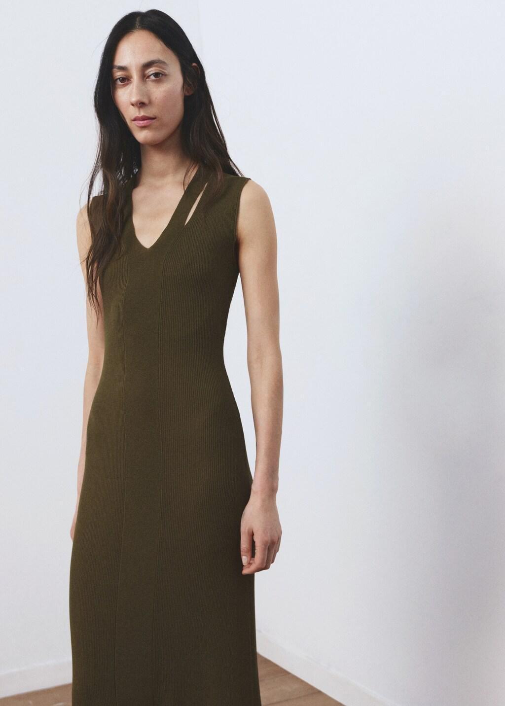 Khaki Fine-Knit Flared Dress, Beige - Khaki, large image number 3