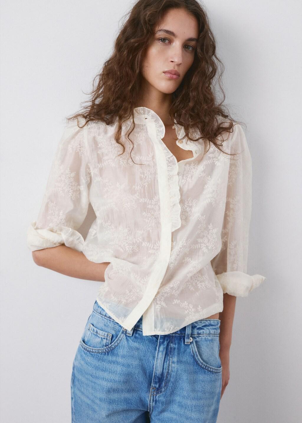 Beige Lyocell Blouse With Floral Embroidery, Light Beige, large image number 1